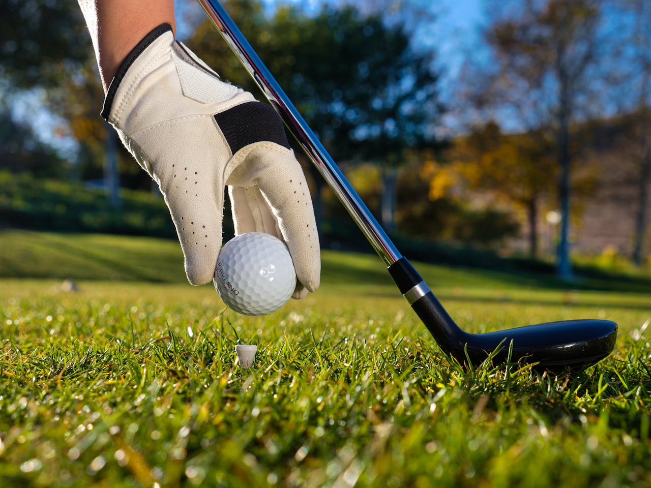 Golf glove wearing hand placing ball on tee with club on sunny day.
